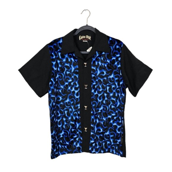 Classic Casino Wear Velour Blue Flame Martini Glass Button Rockabilly Shirt *NEW - Picture 1 of 10